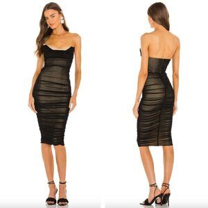 Michael Costello x Revolve India Midi Dress Black Nude Mesh Ruched Strapless
